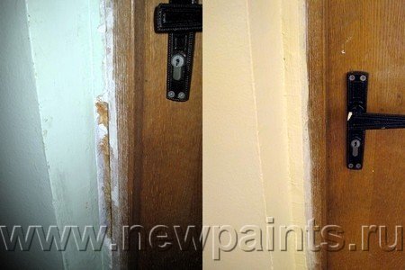 Дверной косяк в кабинете школы, до и после ремонта. Шпатлевка «ЭКСТРА», краска моющаяся цветная.